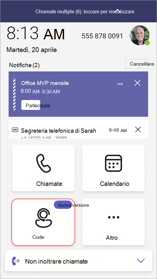 Screenshot che mostra il punto di ingresso in Code in un dispositivo Teams Phone