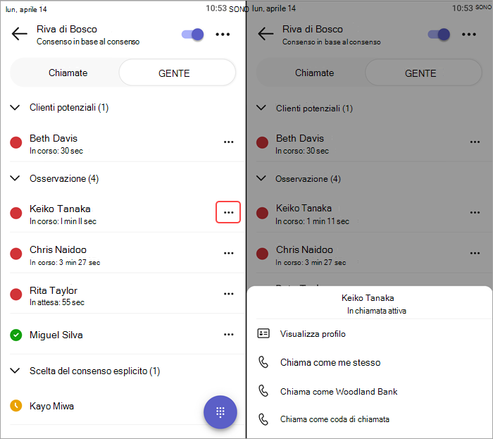 Screenshot che mostra il menu Chiamate nell'app code