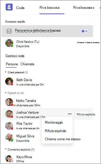 Sistema di gestione delle code che mostra gli stati dell'agente e le opzioni per monitorare, rifiutare esplicitamente o chiamare.