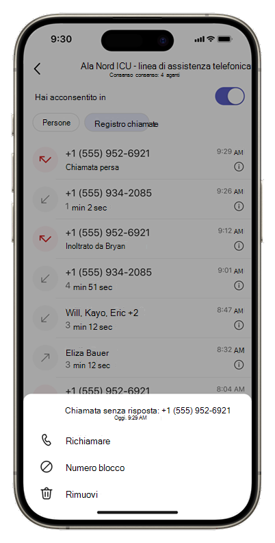 Screenshot della scheda Cronologia chiamate dell'app Code su dispositivo mobile, con altre azioni.