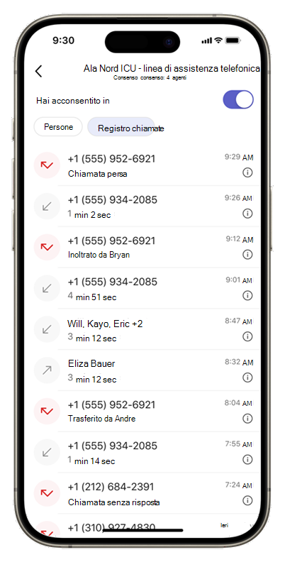 Screenshot della scheda Cronologia chiamate dell'app Code su dispositivo mobile, che mostra la cronologia delle chiamate per una coda.