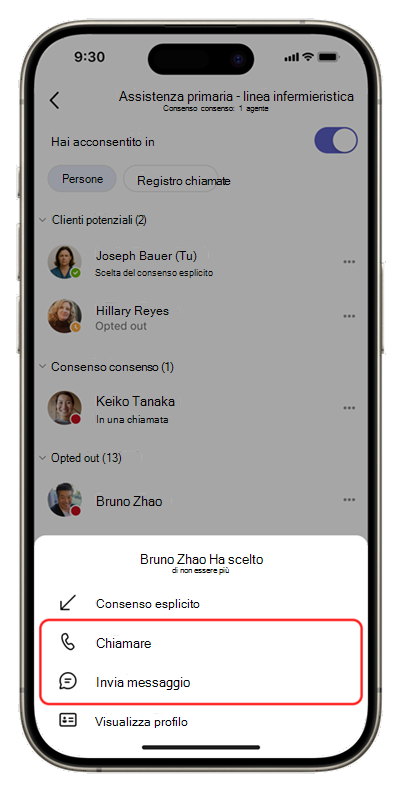 Screenshot dell'app Code su dispositivo mobile che mostra le opzioni per interagire con un membro del team.