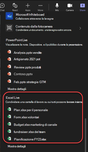 Screenshot delle opzioni di condivisione che evidenziano i file di Excel nella riunione di Teams.