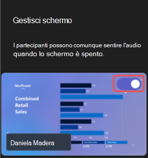 Screenshot che evidenzia come condividere contenuti visibili durante un evento di Microsoft Teams.