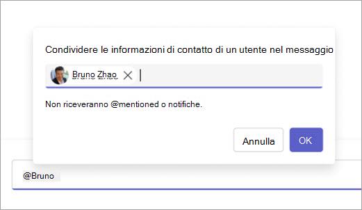 Screenshot che mostra un contatto pronto per la condivisione nella casella di composizione.