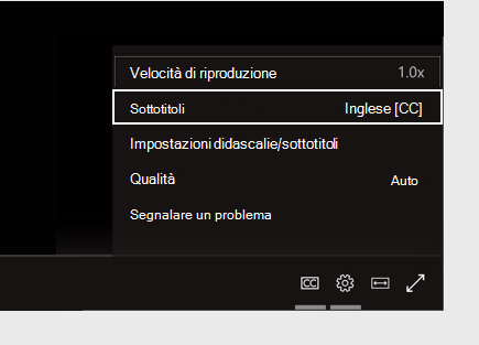 Menu impostazioni didascalie