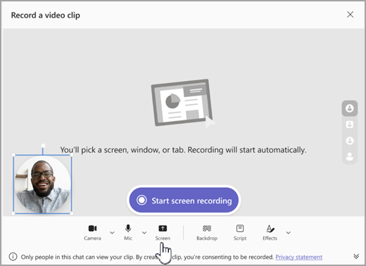 Screenshot dell'opzione per avviare la registrazione della schermata in Microsoft Teams.