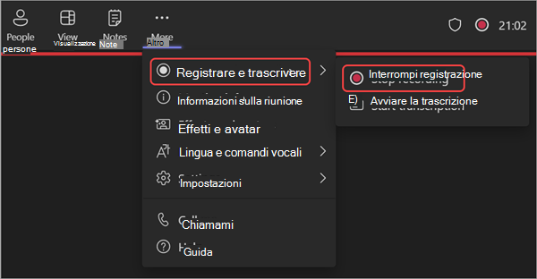 Screenshot che mostra come interrompere la registrazione durante un webinar
