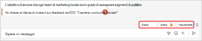 Screenshot che mostra le risposte suggerite nella chat