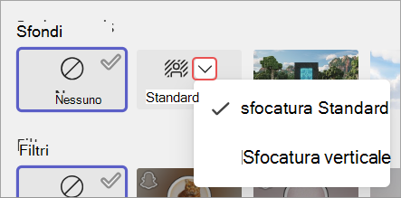 Screenshot che evidenzia le opzioni di sfocatura dello sfondo nella schermata di pre-partecipazione alla riunione.