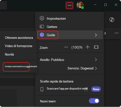 Come accedere al menu della Guida in Teams.