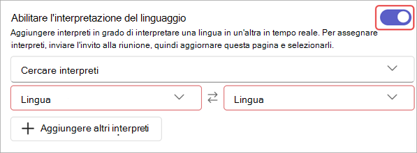 Screenshot che mostra le impostazioni di interpretazione della lingua nelle opzioni della riunione.