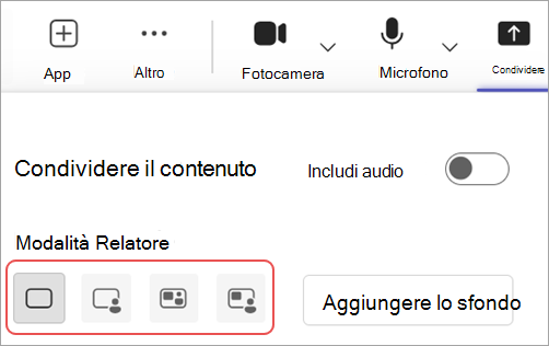 Screenshot che evidenzia diverse modalità del relatore nei controlli delle riunioni di Microsoft Teams.