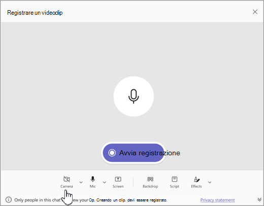 Screenshot dell'opzione per registrare un clip video audio solo in Microsoft Teams.