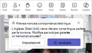 Screenshot di una notifica di Teams che richiede di aggiornare una lingua parlata per le riunioni.