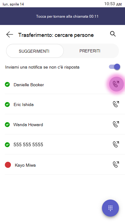 Schermata Trasferisci che mostra un campo di ricerca con l'etichetta Trasferisci: Cerca persone, con un interruttore Avvisa se non c'è risposta abilitato e un elenco di contatti tra cui Danielle Booker, Eric Ishida, Wanda Howard, 555 555 5555 e Kayo Miwa. Accanto a ogni contatto è visibile un pulsante di azione di trasferimento ed è evidenziato un pulsante di trasferimento chiamate.