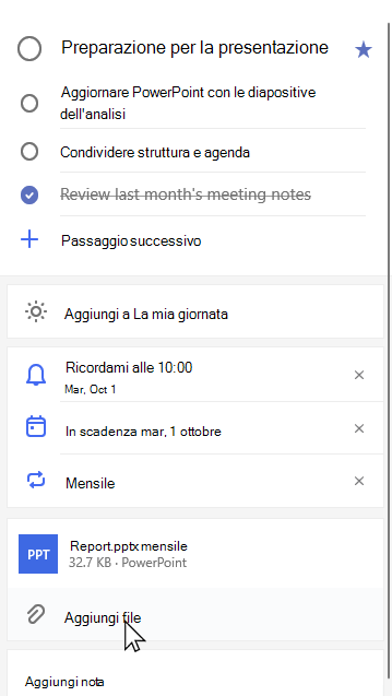 Visualizzazione dettagliata dell'attività Preparazione per la presentazione con l'Report.pptx mensile allegato e l'opzione Aggiungi file selezionata