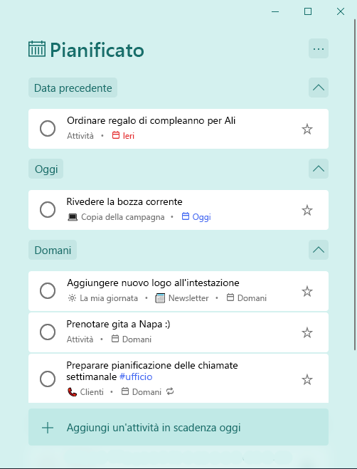 Elenco intelligente pianificato con attività organizzate in Data precedente, Oggi e Domani