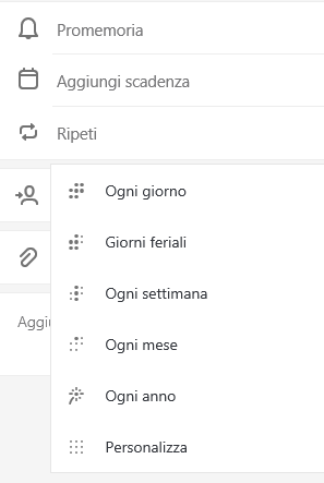 Ripeti la selezione con le opzioni Ogni giorno, Giorni feriali, Ogni settimana, Ogni mese, Ogni anno o Personalizza