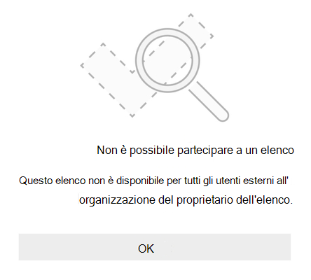 Messaggio di errore di condivisione dell'elenco da Microsoft To Do che indica che non è possibile unirsi all'elenco. Questo elenco non è disponibile per nessuno al di fuori dell'organizzazione del proprietario dell'elenco.