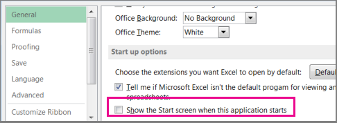 Opzione di Excel per disattivare la schermata Start all'avvio di Excel
