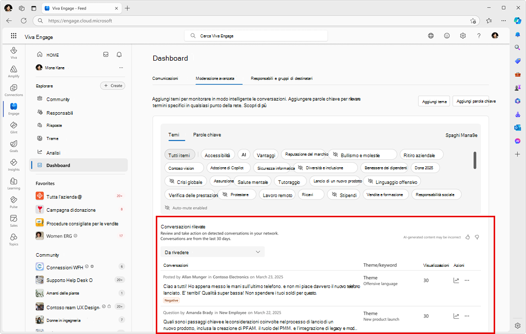 Sezione Conversazioni rilevate per agire su eventi corrispondenti rilevati