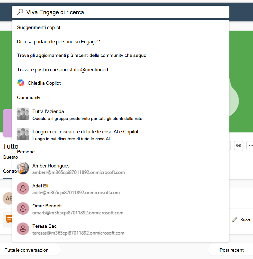 Screenshot delle categorie di ricerca visualizzate quando si vuole eseguire una ricerca in Viva Engage - Suggerimenti di Copilot, Community, People e altri.