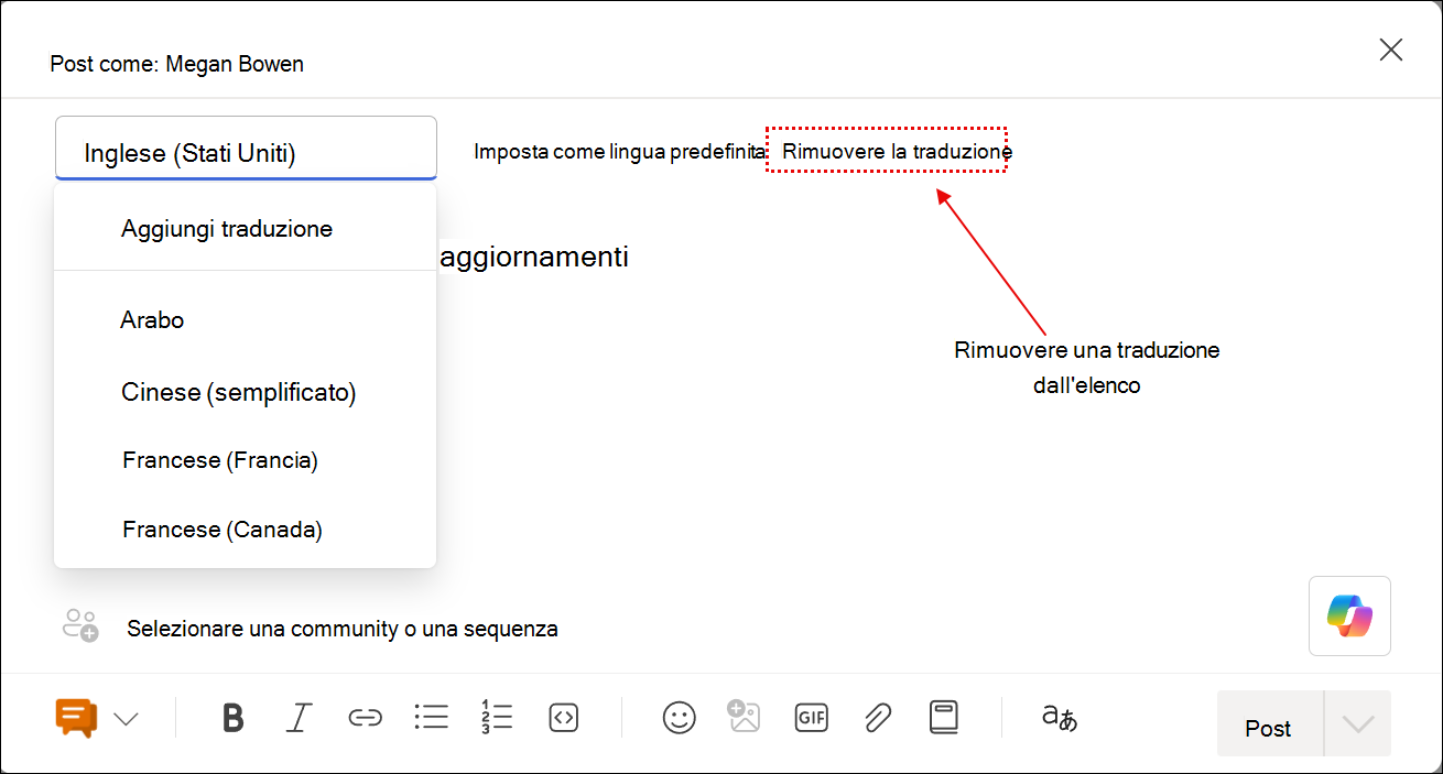 Schermata con le interazioni con la funzionalità di traduzione
