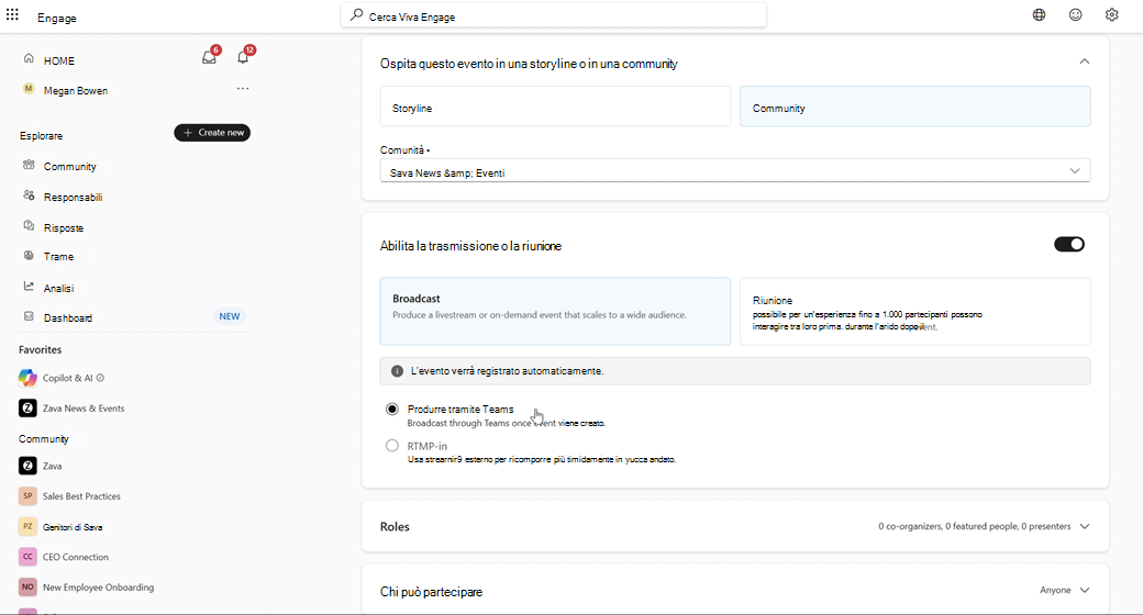 Screenshot che mostra come scegliere il percorso dell'evento & tipo.