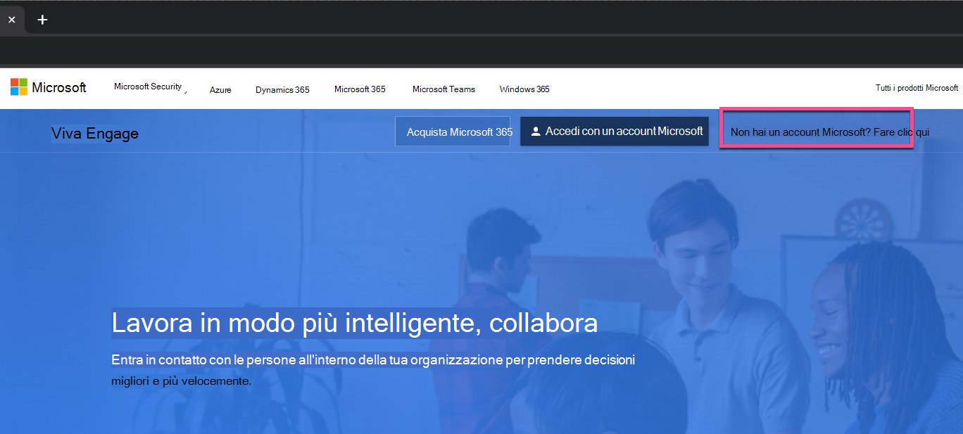 Screenshot che mostra il pulsante nuovo accesso nella Viva Engage pagina.