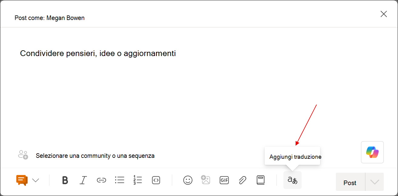 Schermata della finestra di dialogo di creazione del post con lo strumento Aggiungi traduzioni