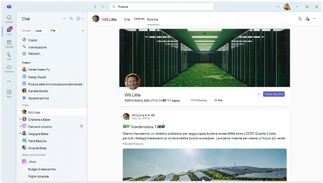 Esempio di sequenza in Teams. Tieni presente che Viva Engage non è installato attraverso la barra sinistra.
