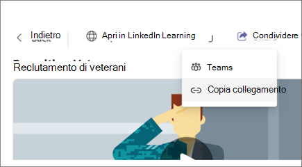 Screenshot di Viva Learning che evidenzia il pulsante Copia collegamento nelle opzioni di condivisione.