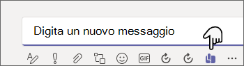 Screenshot di Teams che evidenzia il pulsante Viva Learning Share nella parte inferiore delle nuove opzioni di messaggio, insieme a Formato testo, Allega file, emoji, GIF e altro ancora.