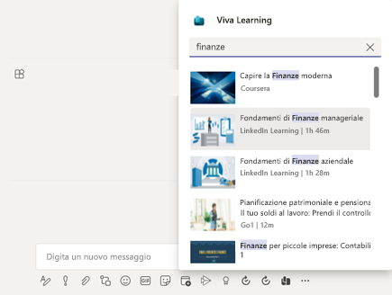 Screenshot di Teams che evidenzia come cercare contenuto dopo aver selezionato il pulsante Condividi Viva Topics.
