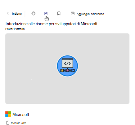 Screenshot di Viva Learning che evidenzia il pulsante Condividi nella parte superiore di un contenuto, nell'angolo in alto a sinistra accanto al pulsante Indietro.