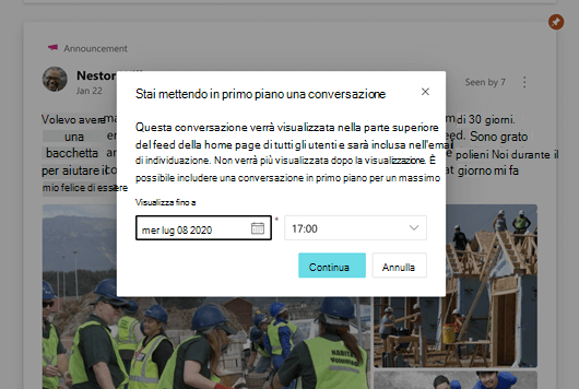 Screenshot che mostra una conversazione in primo piano di Yammer pianificata