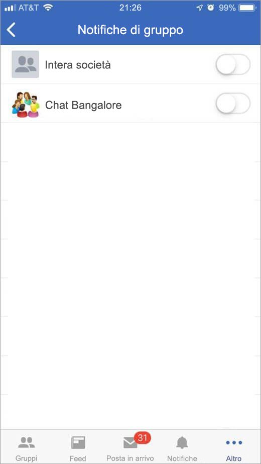 pagina Engage di iOS per selezionare i gruppi da cui ricevere notifiche