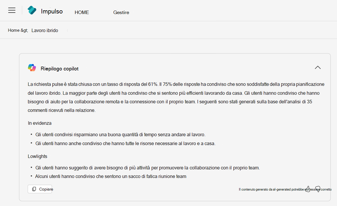 Riepilogo generato da Copilot per un report Viva Pulse