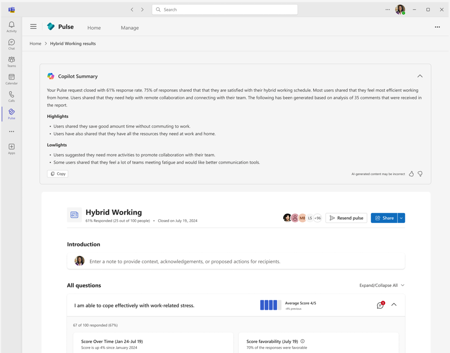 Screenshot di un report Pulse che mostra il riepilogo generato con Copilot