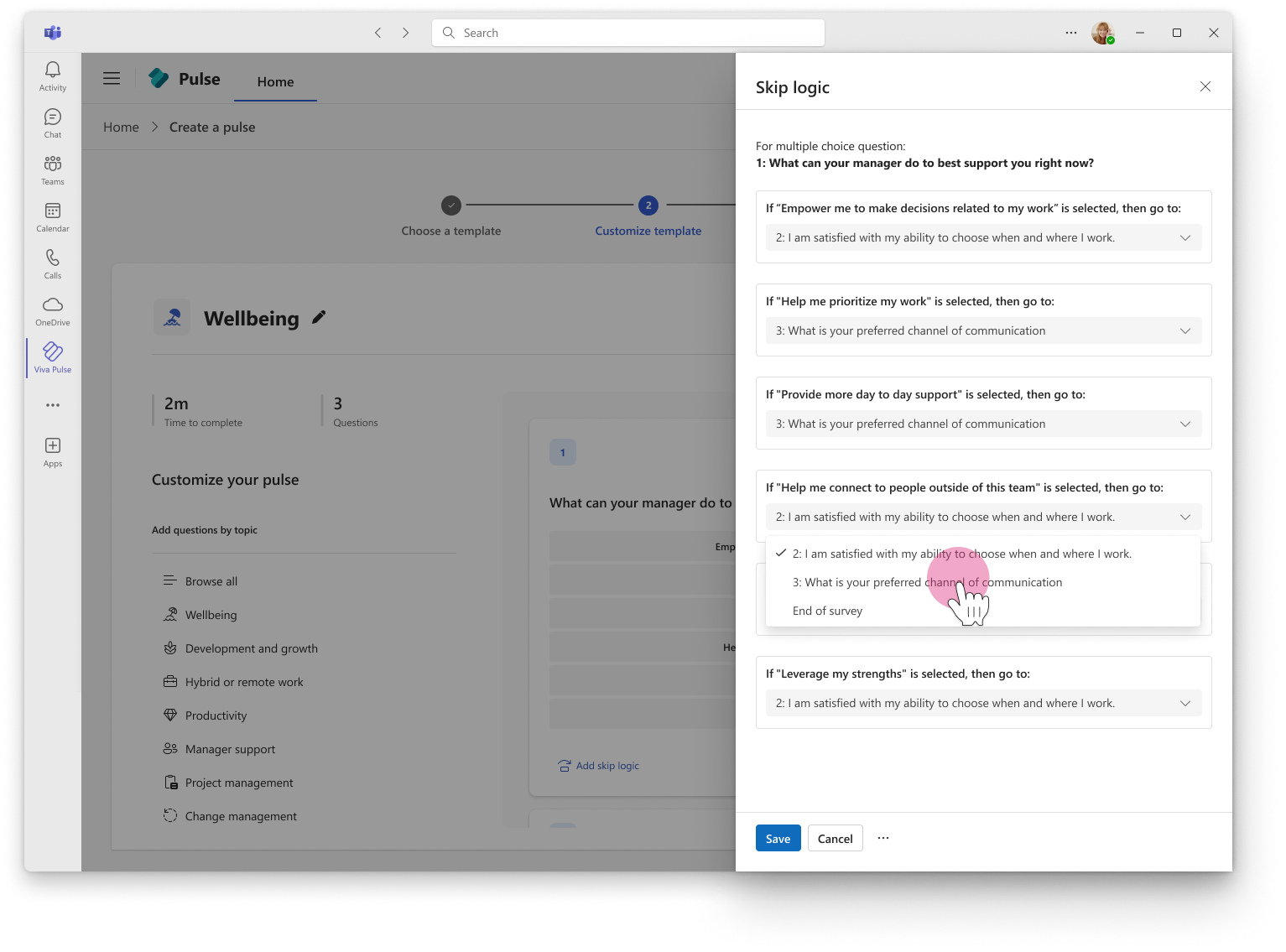 Screenshot di skip logic being added to a Pulse question