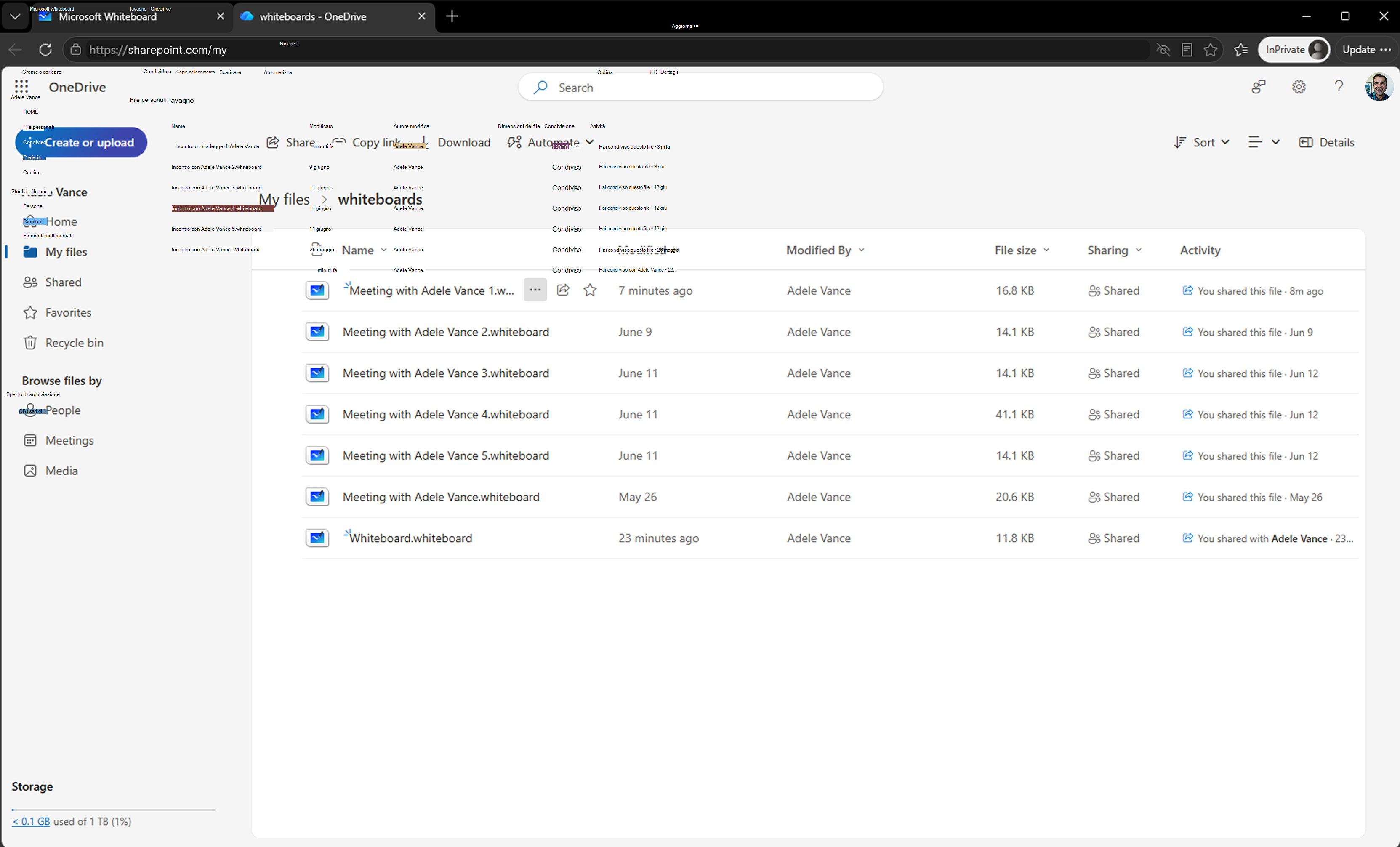 Screenshot che mostra la cartella OneDrive con i file Whiteboard supportati da OneDrive.