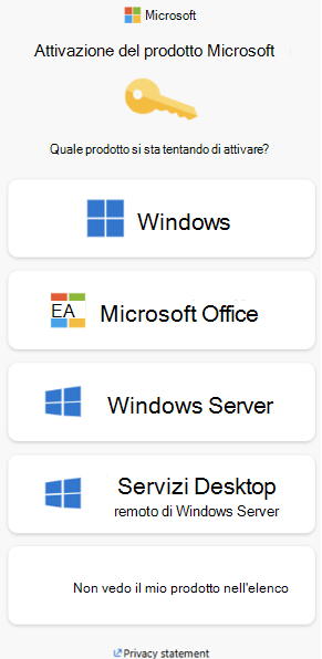 Screenshot della finestra di attivazione del prodotto Microsoft.