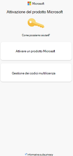 Screenshot delle opzioni di attivazione del prodotto Microsoft.