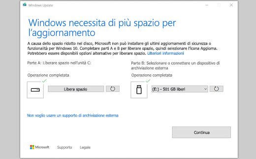 Per eseguire l'aggiornamento, Windows richiede più spazio - Messaggio