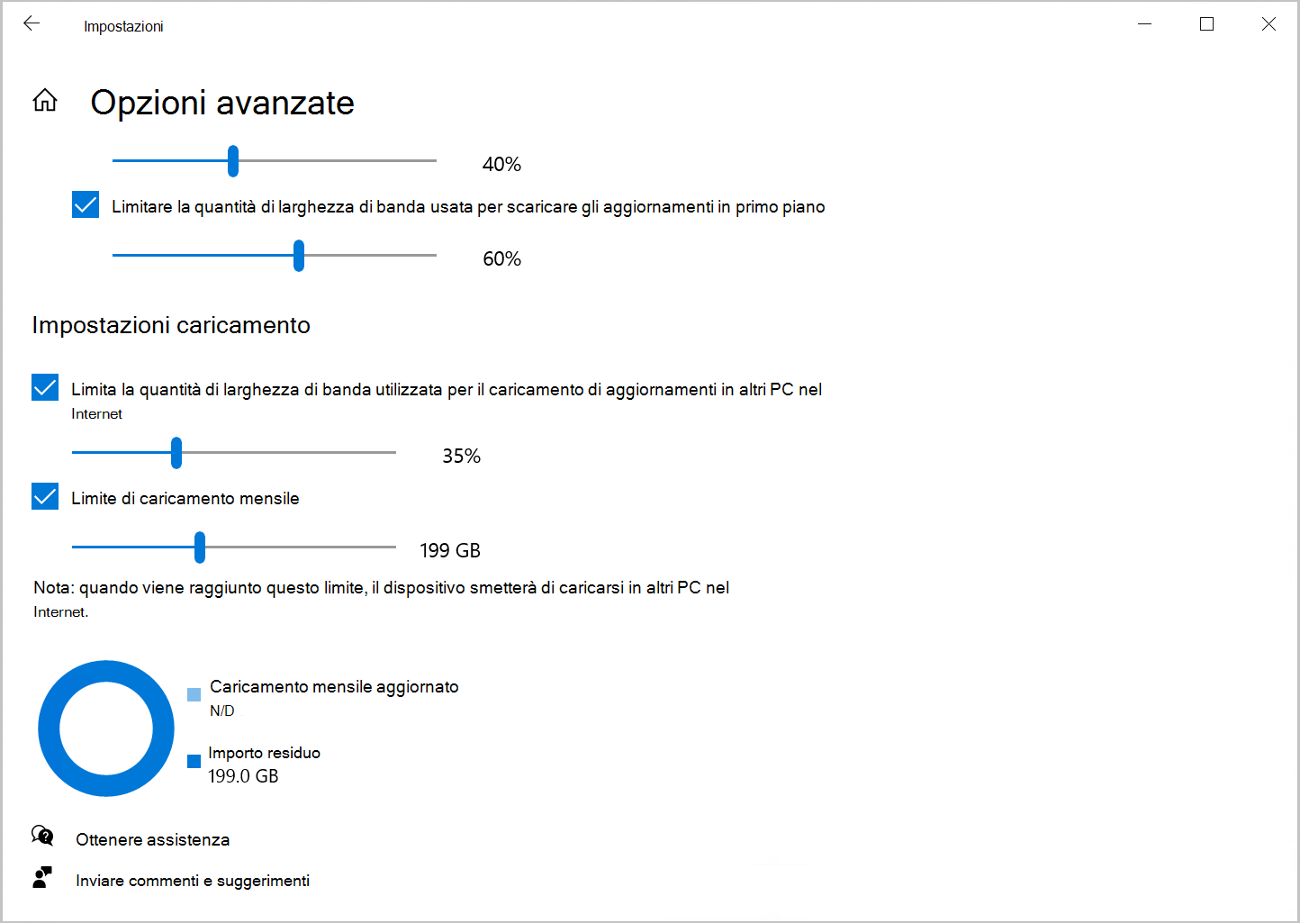 Screenshot dell'opzione Ottimizzazione recapito per limitare la larghezza di banda di caricamento in Windows 10.