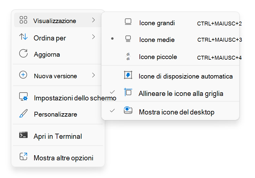 Screenshot del menu di scelta rapida sul desktop visualizzato quando si fa clic con il pulsante destro del mouse.