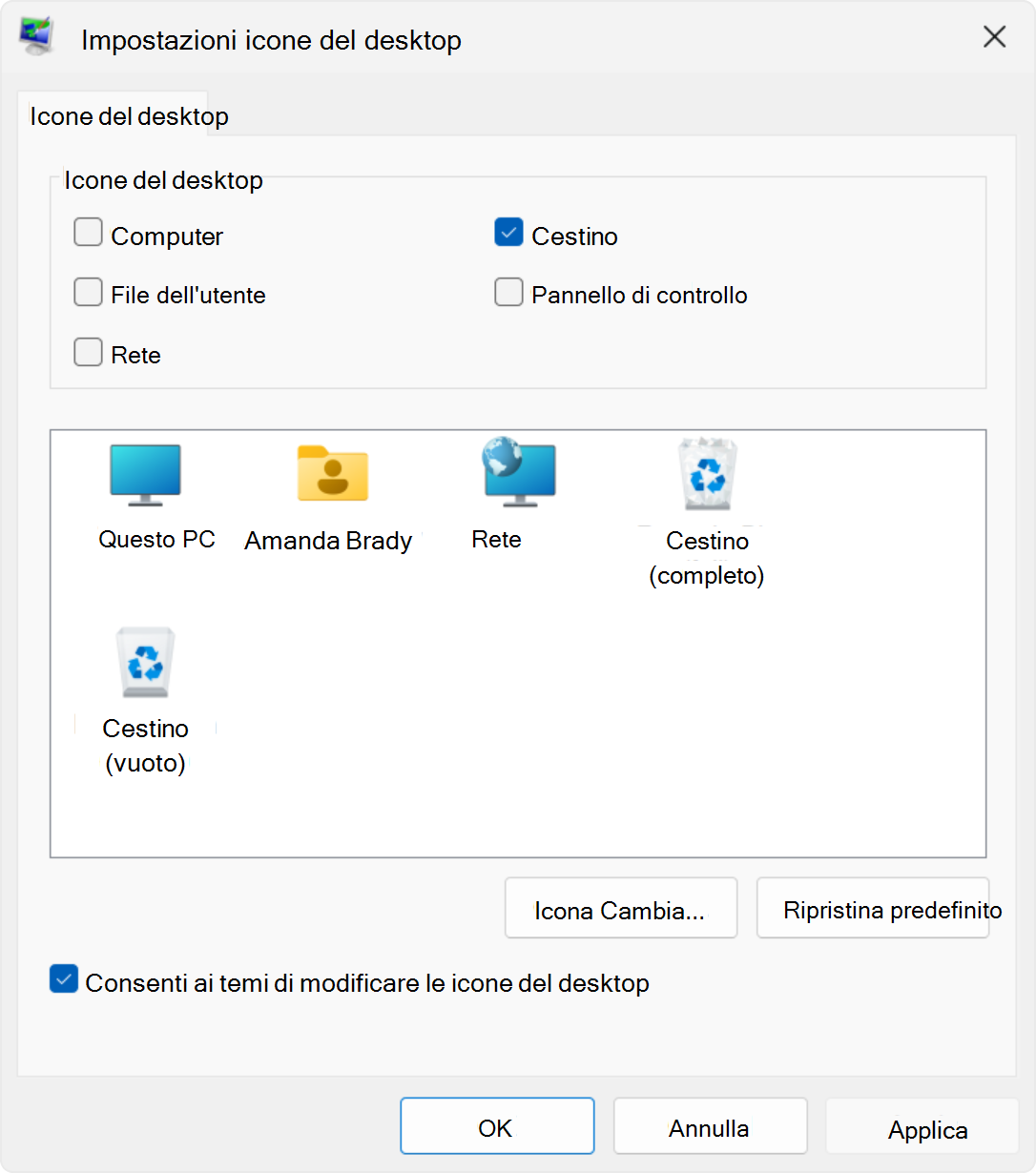 Screenshot delle impostazioni delle icone del desktop in Windows.
