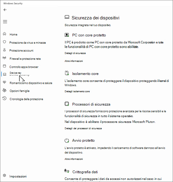 Screenshot della schermata di sicurezza del dispositivo nell'app Sicurezza di Windows.