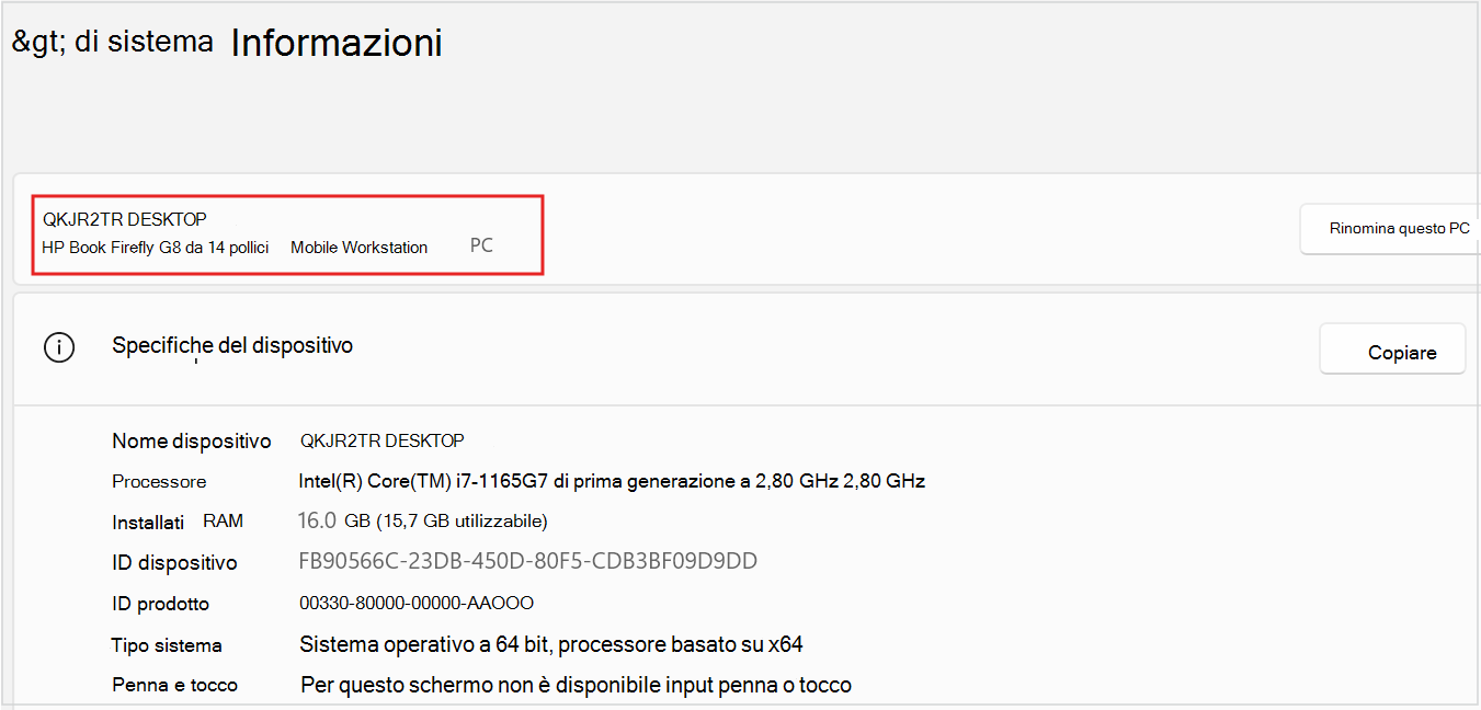 Screenshot del nome e del modello del dispositivo del PC